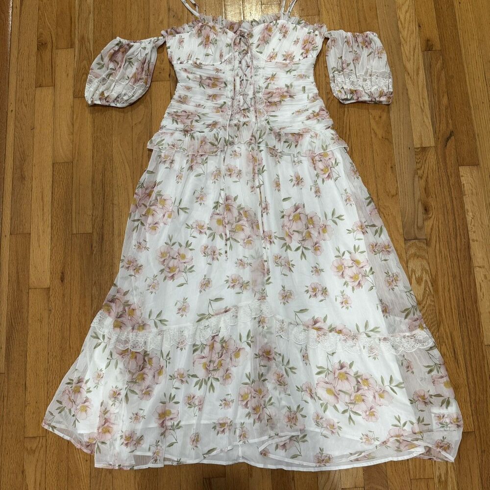 New ASOS Design Ruched Front Floral Maxi Dress Size 10 White lattice shoulder